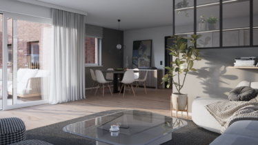 Rendu 3D photoréaliste d'un salon d'un appartement