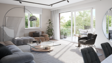 Rendu 3D photoréaliste d'un salon d'un appartement