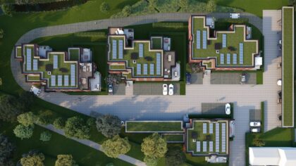 Rendu 3D photoréaliste en vue du dessus des bâtiments